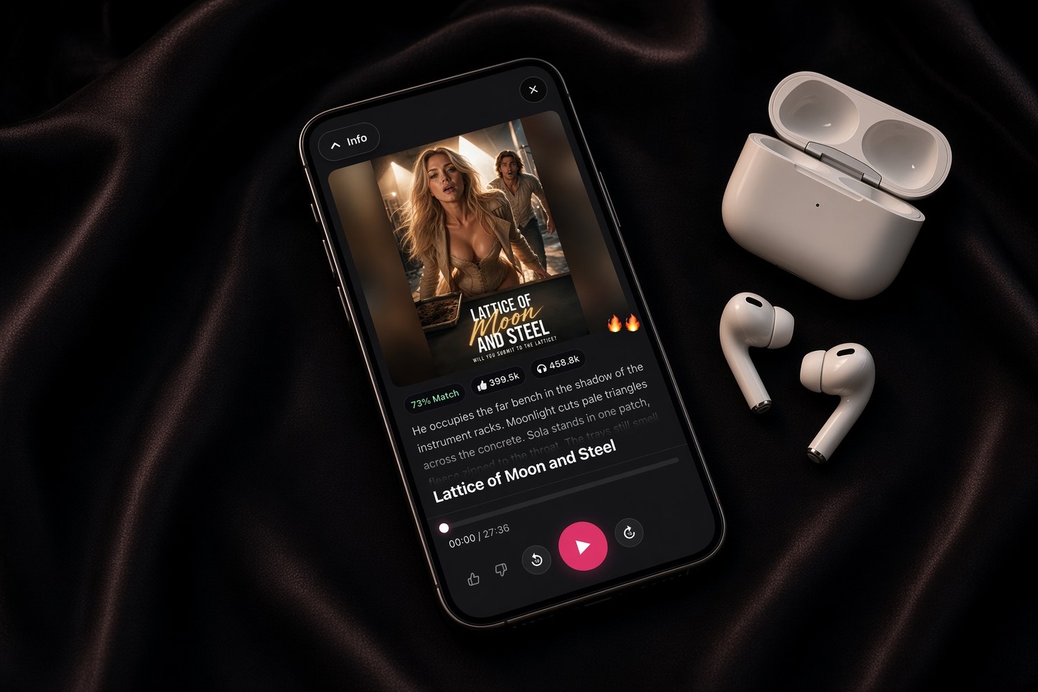 The Novelica app playing a story on a phone, beside a pair of earbuds