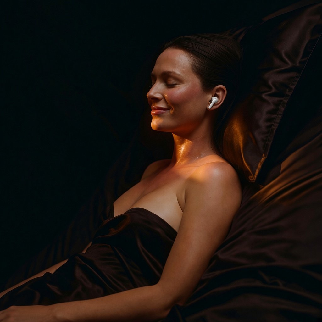 A woman lying back with earbuds in, eyes closed, smiling